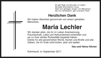 Traueranzeige von Maria Lechler von Dinkelsbühl/ Feuchtwangen