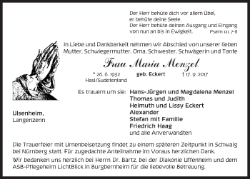 Traueranzeige von Maria Menzel von Neustadt/ Scheinfeld/ Uffenheim