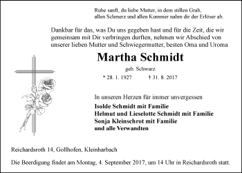 Traueranzeige von Martha Schmidt von Neustadt/ Scheinfeld/ Uffenheim