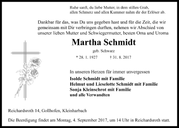 Traueranzeige von Martha Schmidt von Rothenburg