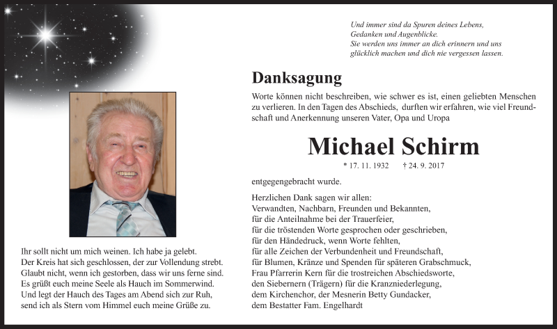  Traueranzeige für Michael + Luise  Schirm vom 09.09.2017 aus Neustadt/ Scheinfeld/ Uffenheim