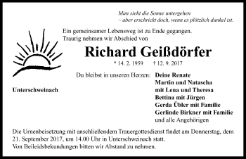 Traueranzeige von Richard Geißdörfer von Neustadt/ Scheinfeld/ Uffenheim