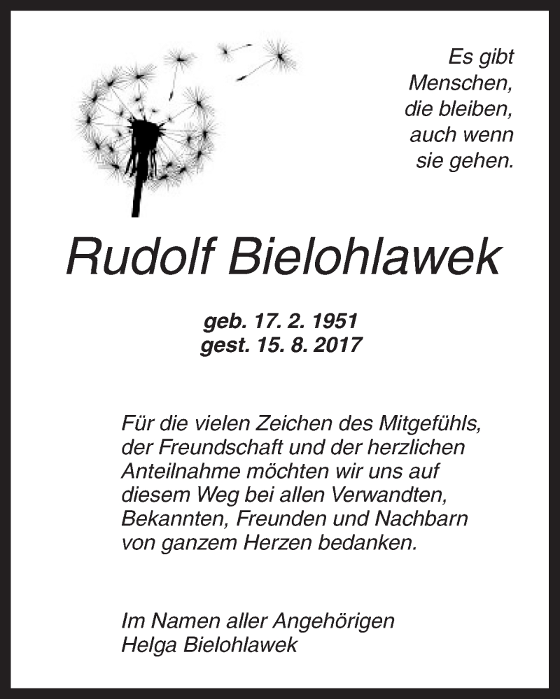  Traueranzeige für Rudolf Bielohlawek vom 02.09.2017 aus Dinkelsbühl/ Feuchtwangen