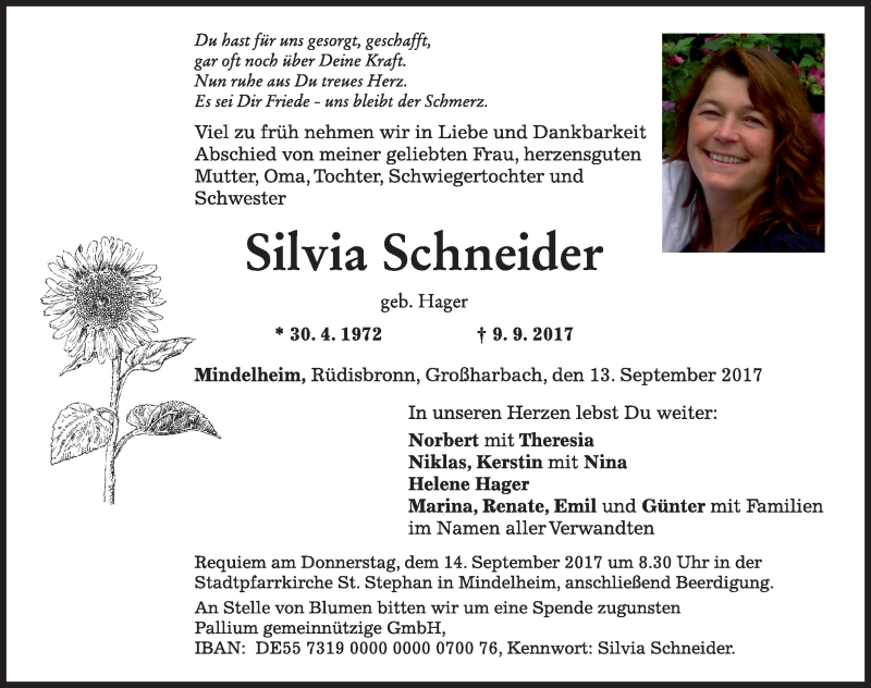  Traueranzeige für Silvia Schneider vom 13.09.2017 aus Neustadt/ Scheinfeld/ Uffenheim