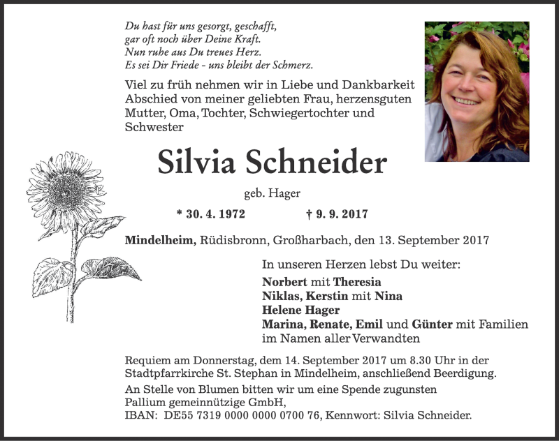  Traueranzeige für Silvia Schneider vom 13.09.2017 aus Rothenburg