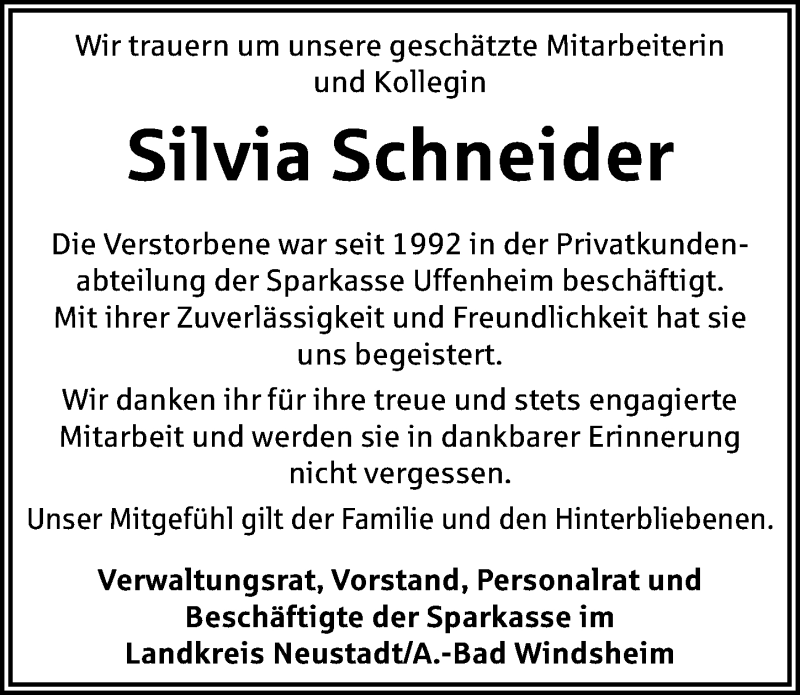  Traueranzeige für Silvia Schneider vom 13.09.2017 aus Neustadt/ Scheinfeld/ Uffenheim