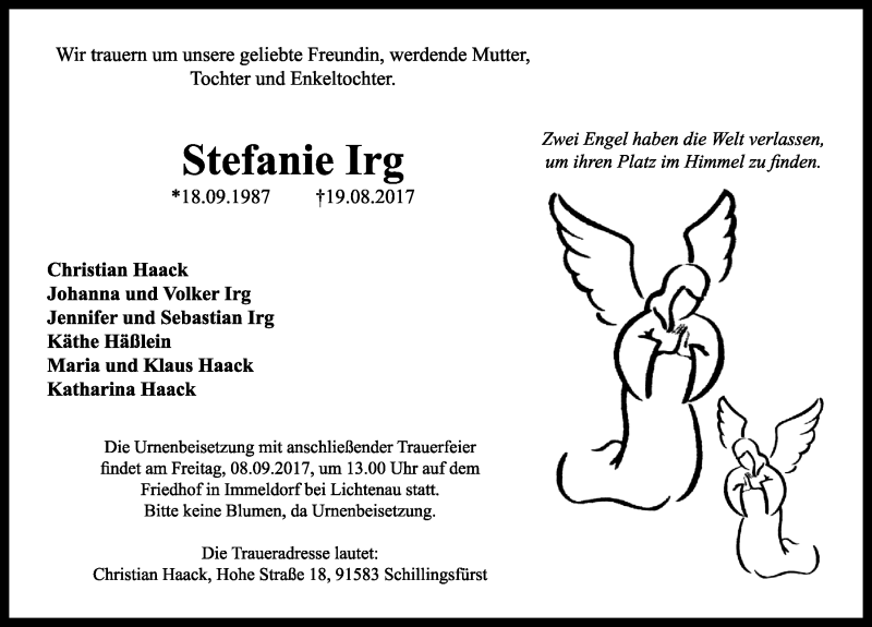  Traueranzeige für Stefanie Irg vom 06.09.2017 aus Rothenburg