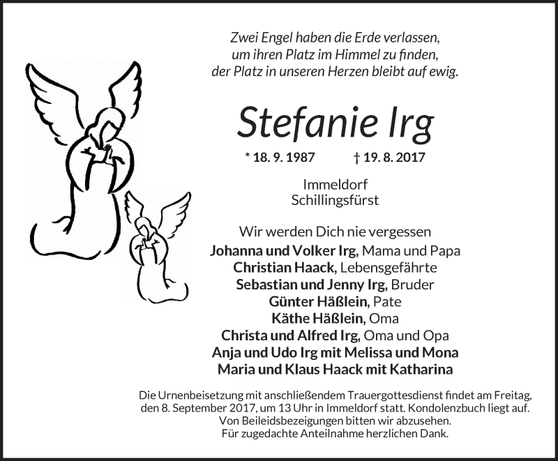  Traueranzeige für Stefanie Irg vom 06.09.2017 aus Ansbach