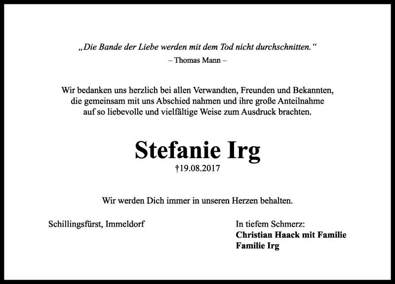  Traueranzeige für Stefanie Irg vom 23.09.2017 aus Rothenburg