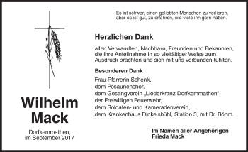 Traueranzeige von Wilhelm Mack von Dinkelsbühl/ Feuchtwangen