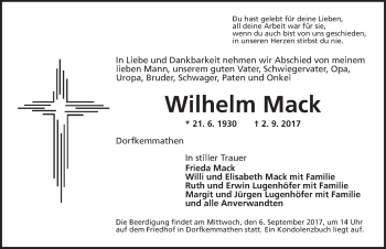 Traueranzeige von Wilhelm Mack von Dinkelsbühl/ Feuchtwangen