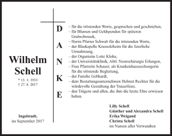 Traueranzeige von Wilhelm Schell von Neustadt/ Scheinfeld/ Uffenheim