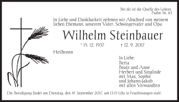 Traueranzeige von Wilhelm Steinbauer von Dinkelsbühl/ Feuchtwangen