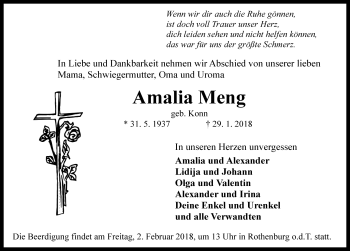 Traueranzeige von Amalia Meng von Rothenburg