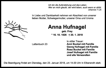 Traueranzeige von Anna Hufnagel von Dinkelsbühl/ Feuchtwangen