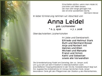 Traueranzeige von Anna Leidel von Ansbach