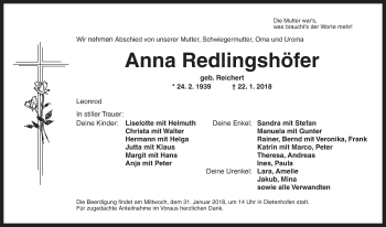 Traueranzeige von Anna Redlingshöfer von Ansbach