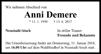 Traueranzeige von Anni Demere von Neustadt/ Scheinfeld/ Uffenheim