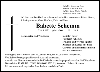 Traueranzeige von Babette Schemm von Neustadt/ Scheinfeld/ Uffenheim