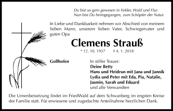 Traueranzeige von Clemens Strauß von Neustadt/ Scheinfeld/ Uffenheim