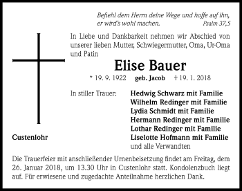 Traueranzeige von Elise Bauer von Neustadt/ Scheinfeld/ Uffenheim