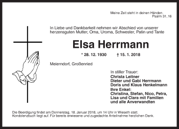 Traueranzeige von Elsa Herrmann von Dinkelsbuhl/ Feuchtwangen