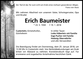 Traueranzeige von Erich Baumeister von Neustadt/ Scheinfeld/ Uffenheim