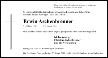 Traueranzeige von Erwin Aschenbrenner von Rothenburg