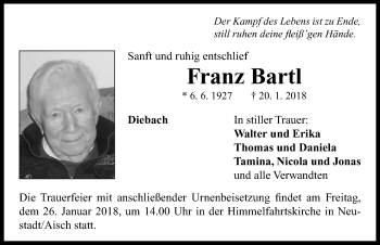 Traueranzeige von Franz Bartl von Neustadt/ Scheinfeld/ Uffenheim