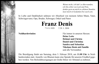 Traueranzeige von Franz Denis von Neustadt/ Scheinfeld/ Uffenheim