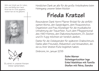 Traueranzeige von Frieda Kratzel von Dinkelsbühl/ Feuchtwangen