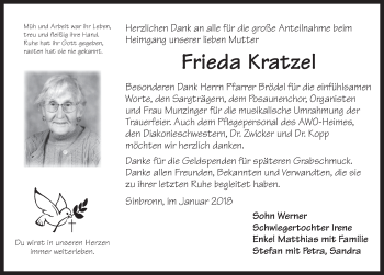 Traueranzeige von Frieda Kratzel von Dinkelsbühl/ Feuchtwangen