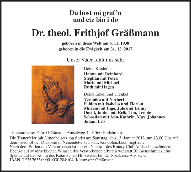  Traueranzeige für Frithjof Gräßmann vom 10.01.2018 aus Ansbach