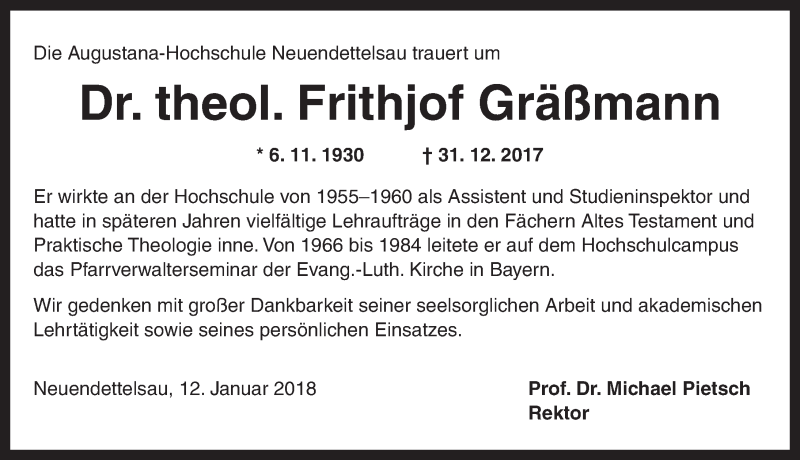  Traueranzeige für Frithjof Gräßmann vom 13.01.2018 aus Ansbach