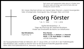 Traueranzeige von Georg Förster von Fränkische Landeszeitung