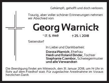 Traueranzeige von Georg Warnick von Ansbach