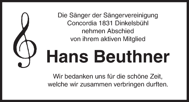  Traueranzeige für Hans Beuthner vom 27.01.2018 aus Dinkelsbuhl/ Feuchtwangen