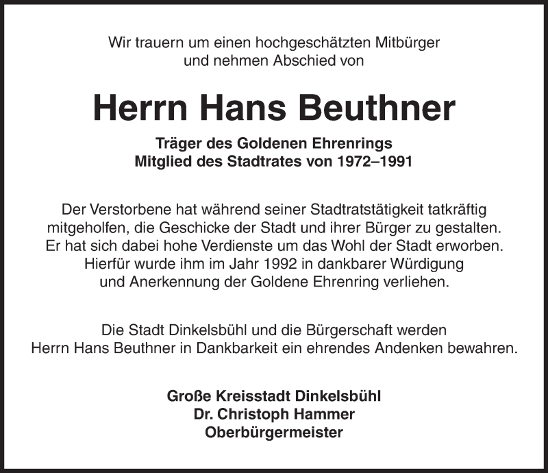  Traueranzeige für Hans Beuthner vom 27.01.2018 aus Dinkelsbuhl/ Feuchtwangen