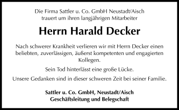 Traueranzeige von Harald Decker von Neustadt/ Scheinfeld/ Uffenheim