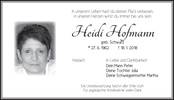 Traueranzeige von Heidi Hofmann von Dinkelsbuhl/ Feuchtwangen