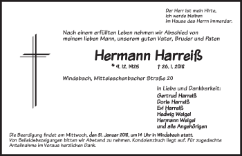 Traueranzeige von Hermann Harreiß von Ansbach