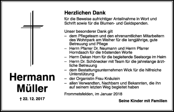 Traueranzeige von Hermann Müller von Fränkische Landeszeitung