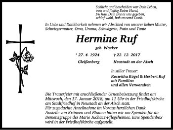 Traueranzeige von Hermine Ruf von Neustadt/ Scheinfeld/ Uffenheim