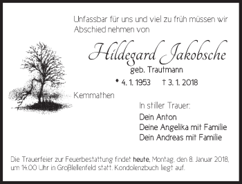 Traueranzeige von Hildegard Jakobsche von Ansbach