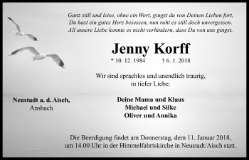 Traueranzeige von Jenny Korff von Neustadt/ Scheinfeld/ Uffenheim