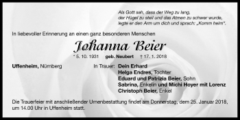 Traueranzeige von Johanna Beier von Neustadt/ Scheinfeld/ Uffenheim