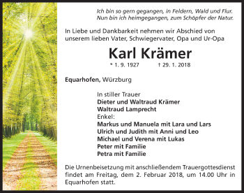 Traueranzeige von Karl Krämer von Neustadt/ Scheinfeld/ Uffenheim