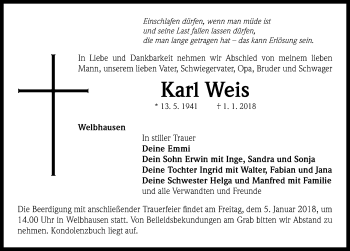 Traueranzeige von Karl Weis von Neustadt/ Scheinfeld/ Uffenheim