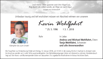 Traueranzeige von Kevin Wohlfahrt von Ansbach