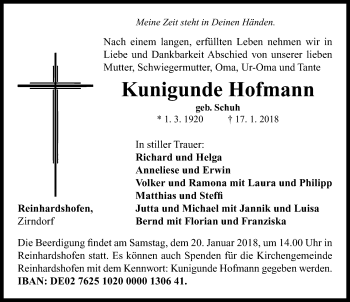 Traueranzeige von Kunigunde Hofmann von Neustadt/ Scheinfeld/ Uffenheim